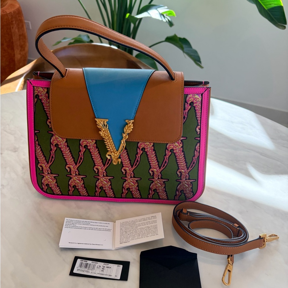 Versace Brown, Blue, Pink & Green Top-Handle Satchel with Gold V
